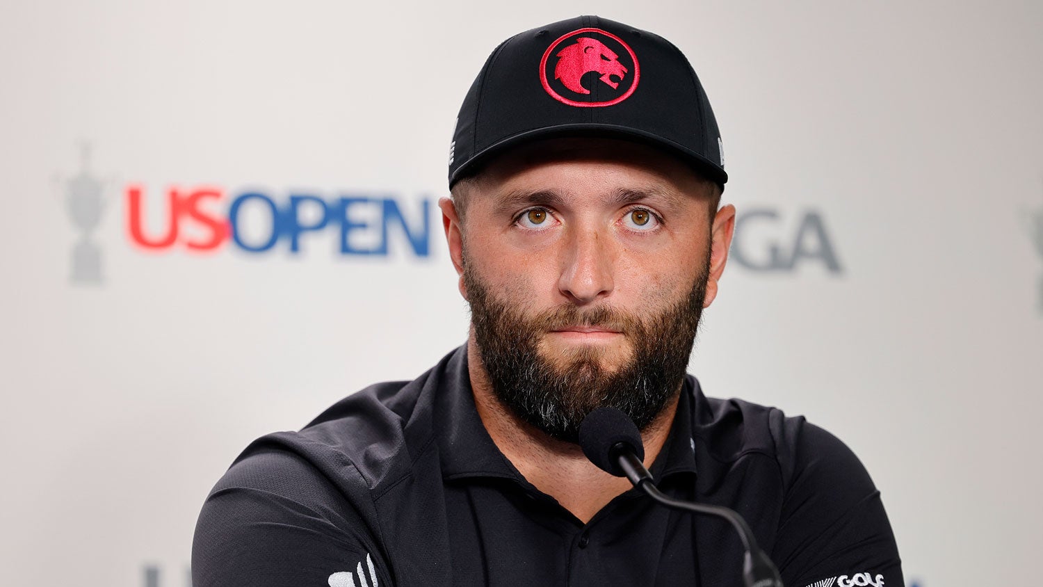 Jon Rahm of Spain speaks to the media during a practice round prior to the U.S. Open at Pinehurst Resort