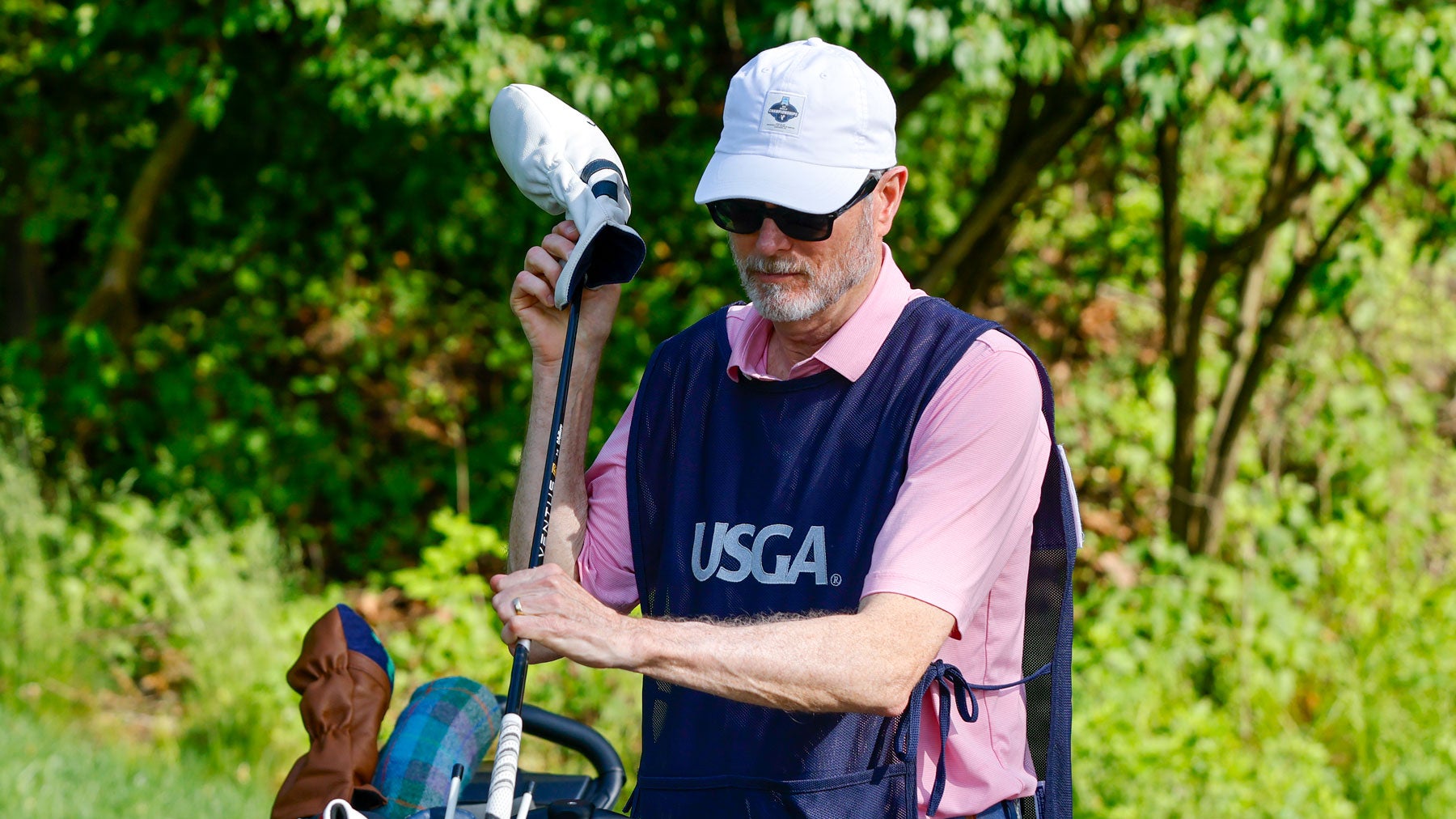 PJ Boatwright III as seen caddying for his sons’ during the first round of stroke play of the 2024 U.S. Amateur Four-Ball at Philadelphia Cricket Club in Philadelphia, Pa.
