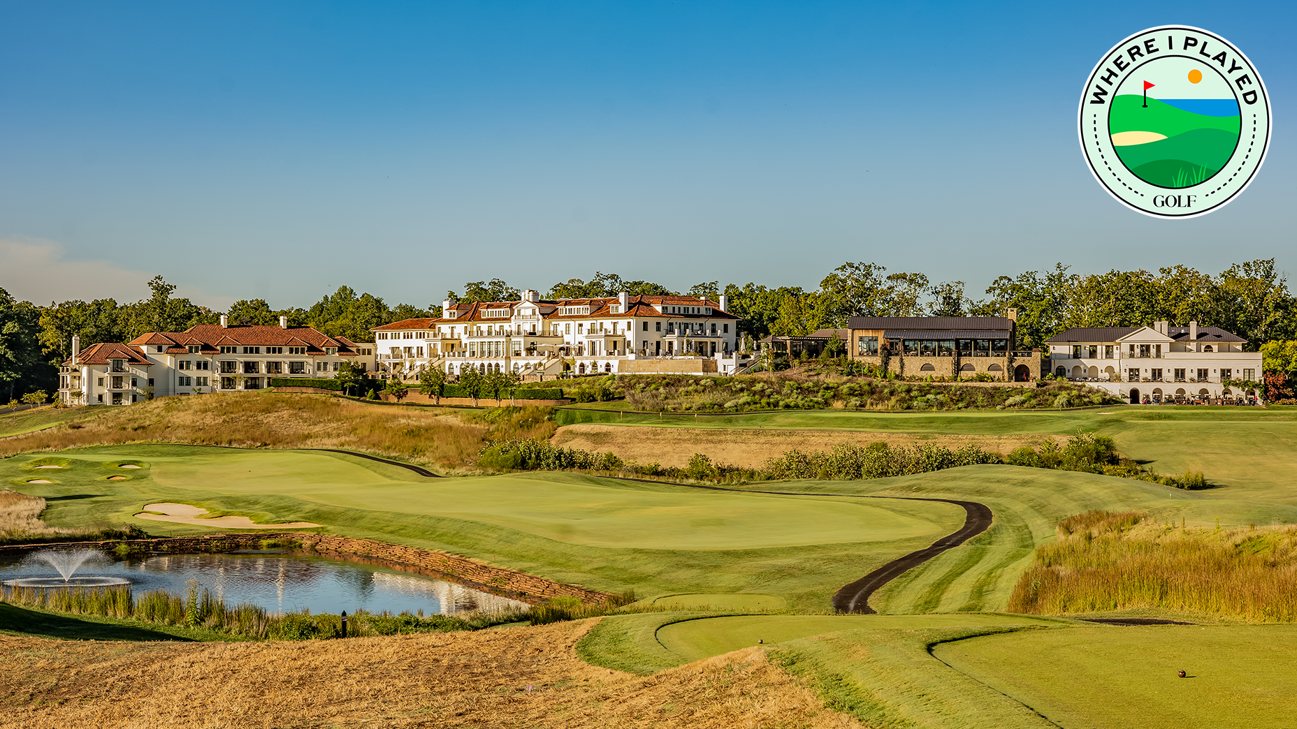The view of Keswick Hall Resort from the 18th tee box of Full Cry golf course
